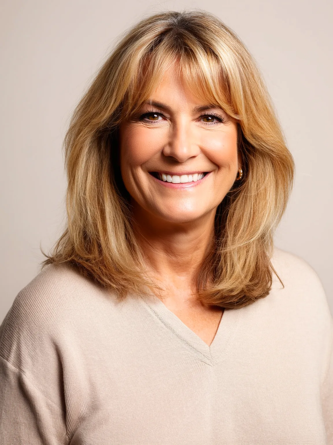 Medium Layered Cut with Warm Honey Blonde Highlights